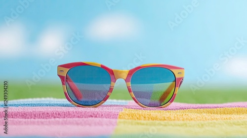 Colorful sunglasses resting on a striped towel under a clear blue sky at a sunny beach photo