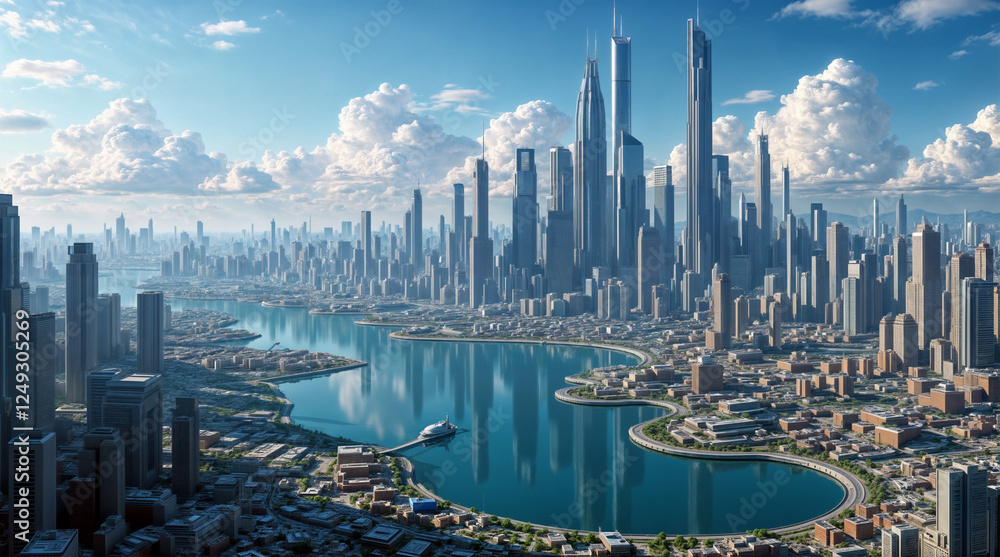 Fototapeta premium Futuristic city skyline view. Modern city skyscrapers, cityscape. Urban landscape with river.