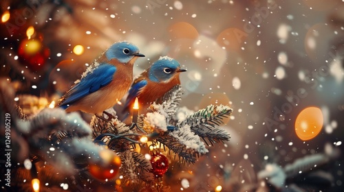 A pair of cheerful bluebirds perched on a decorated Christmas tree branch, surrounded by twinkling lights and glistening ornaments, with snow softly falling in the background.