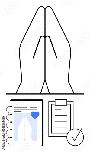 Hands joined in prayer above a notebook with a heart icon, checklist, and a marked check. Ideal for mindfulness, spirituality, self-care, goals, personal growth, focus abstract line flat metaphor