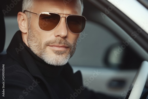 A stylish man with silver hair and facial stubble sits in the driver's seat of a car, wearing sunglasses and a black coat. photo