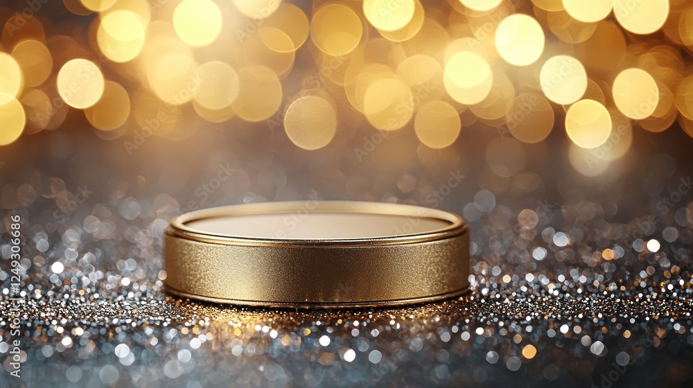 Golden podium on glittery background with bokeh lights Golden podium on glittery background with bokeh lights