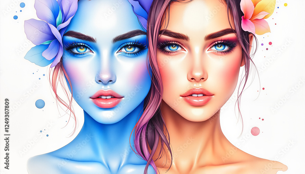 Fototapeta premium Harmonious faces in watercolor blending cool and warm tones, balance