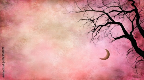 Wallpaper Mural Bare Tree Branches Silhouette with Crescent Moon Against Pinkish Sky Grunge Texture Backdrop. Torontodigital.ca