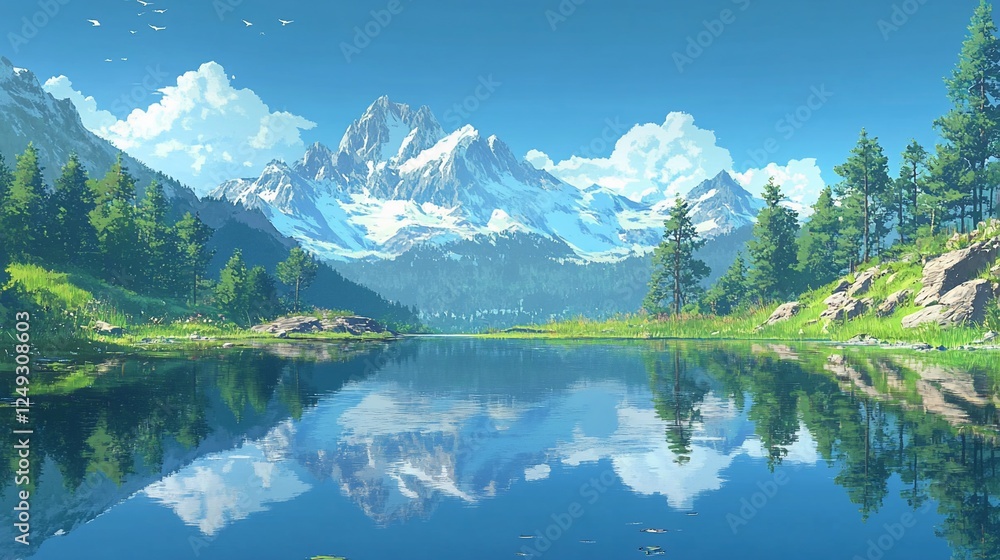 Fototapeta premium Alpine lake reflects snowy peaks, sunny sky; tranquil nature scene for travel brochure