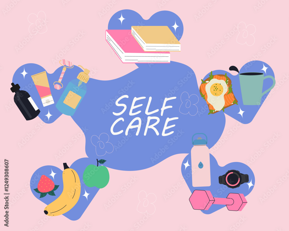 Self care concept with stickers. Modern isolated vector illustration. Self care concept with stickers. Modern isolated vector illustration.