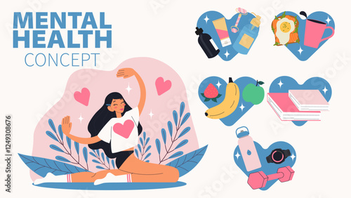 Mental health concept. Stretching girl with self care stickers. Modern isolated vector illustration.