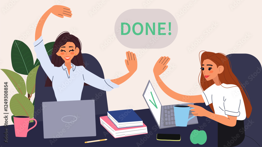 Business women give high five after successfully completed their work project. Teamwork cooperation concept. Modern isolated vector illustration. Business women give high five after successfully completed their work project. Teamwork cooperation concept. Modern isolated vector illustration.