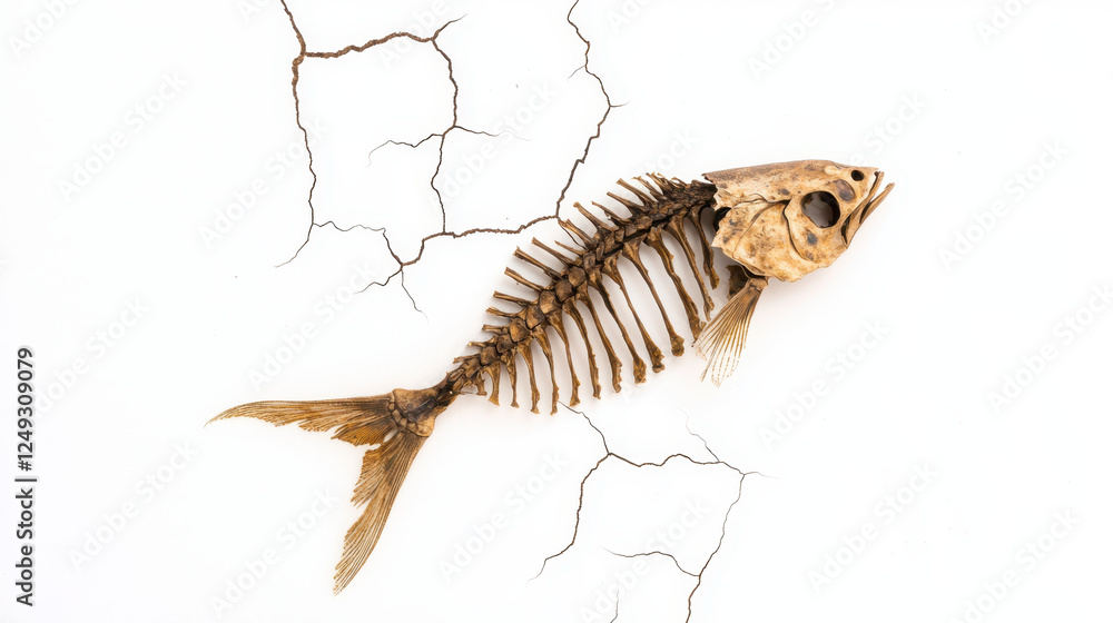 World Water Day clean crisis. Sun dried fish skeleton on cracked riverbed symbolizes drought World Water Day clean crisis. Sun dried fish skeleton on cracked riverbed symbolizes drought