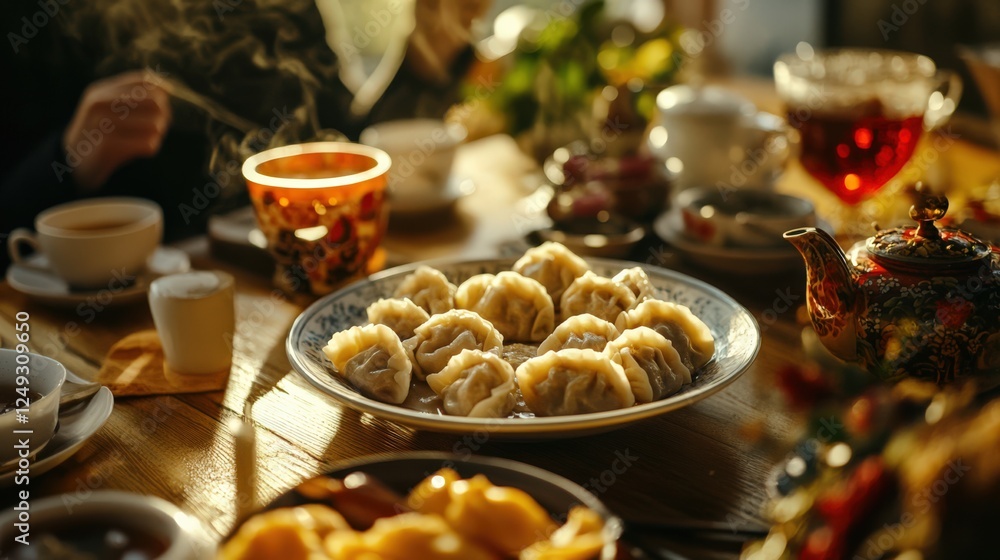 Naklejka premium A table with a variety of food and drinks, including a plate of dumplings