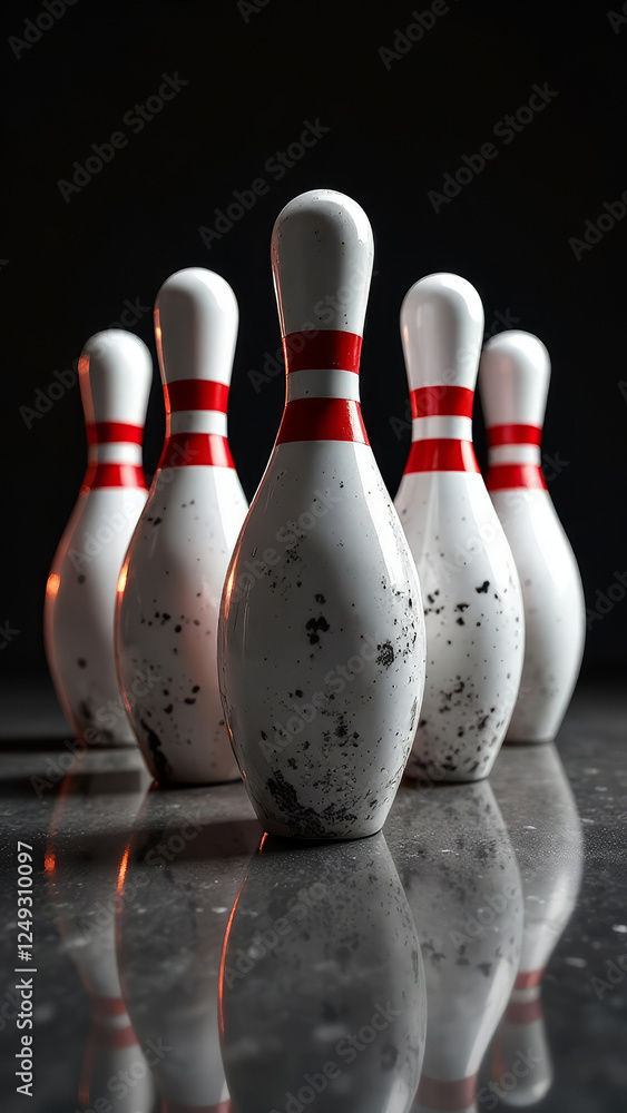 Black and White, red Bowling Pin with splashing water, Vertical, Reflection Black and White, red Bowling Pin with splashing water, Vertical, Reflection