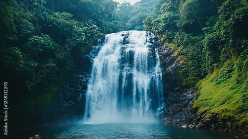 Majestic Waterfall Cascading Through Lush Green Forest Surrounded by Vibrant Flora and Fauna Creating a Tranquil and Picturesque Scene in Nature's Untamed Wilderness Landscape