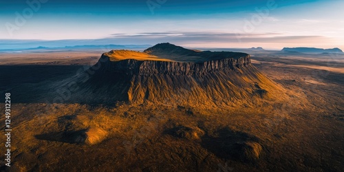 The image features a large rock formation in the Monument Valley Navajo Tribal Park, Utah. It is taken during sunset or sunrise, as indicated by the warm colors and shadows on the landscape. photo