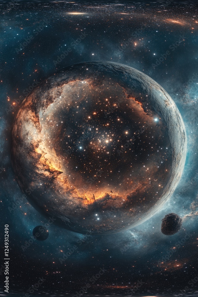 Obraz premium A large planet with a bright orange spot in the middle. The planet is surrounded by a lot of stars and space debris