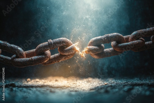 A rusted chain breaking apart at its weakest link, captured in dramatic lighting against a textured industrial backdrop, copy space background