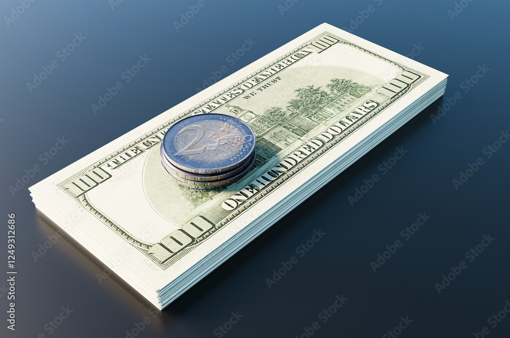 Close up of two euro coins on a US hundred dollar bill. 3d rendering illustration Close up of two euro coins on a US hundred dollar bill. 3d rendering illustration