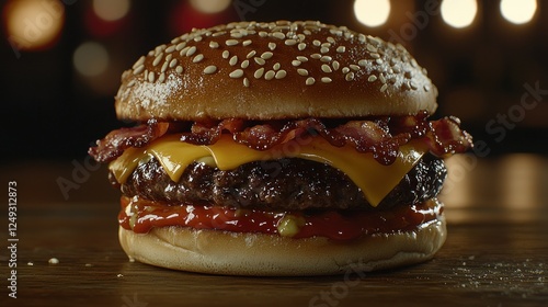 Gourmet bacon cheeseburger on wooden table, restaurant setting photo