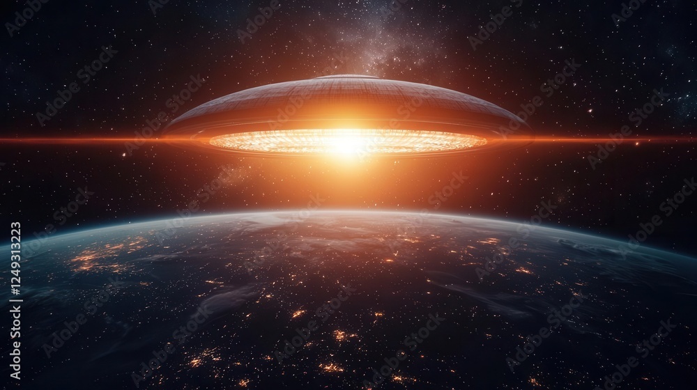 Obraz premium Spacebased solar power station beaming energy to Earth, futuristic extraterrestrial energy source