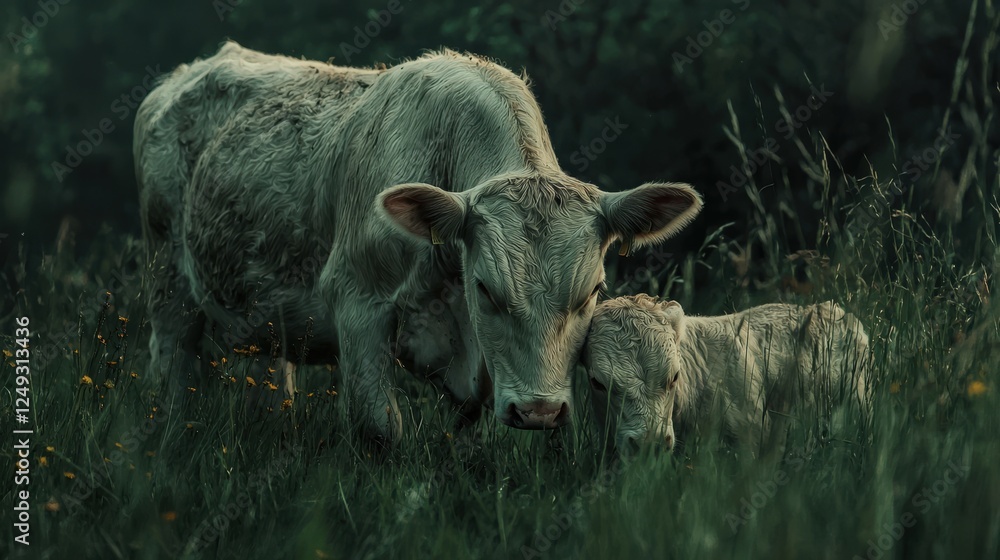 Fototapeta premium Two cows are grazing in a field of grass