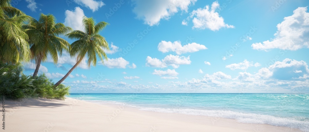 Serene palm tree beach with gentle waves and clear blue sky under bright sunlight Serene palm tree beach with gentle waves and clear blue sky under bright sunlight