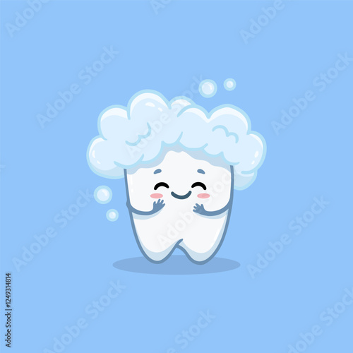 Cute cartoon tooth on a white background.Tooth in a foam cloud. Vector illustration