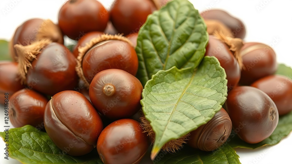 Fresh chestnuts with vibrant green chestnut leafs isolated on a white background, healthy, organic, chestnuts Fresh chestnuts with vibrant green chestnut leafs isolated on a white background, healthy, organic, chestnuts