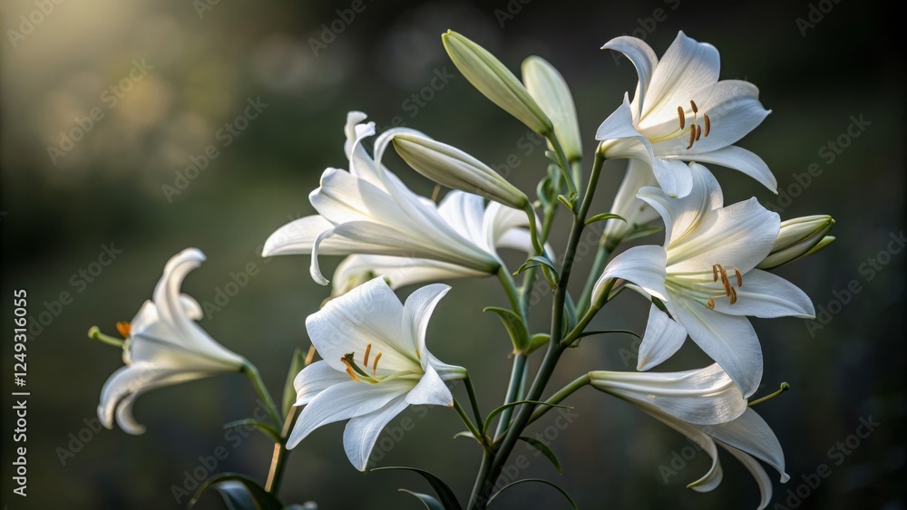 Fototapeta premium Golden Hour White Lilies Close-up Composition, Floral Photography, Purity Concept, Lily, Flower Lily, Flowers