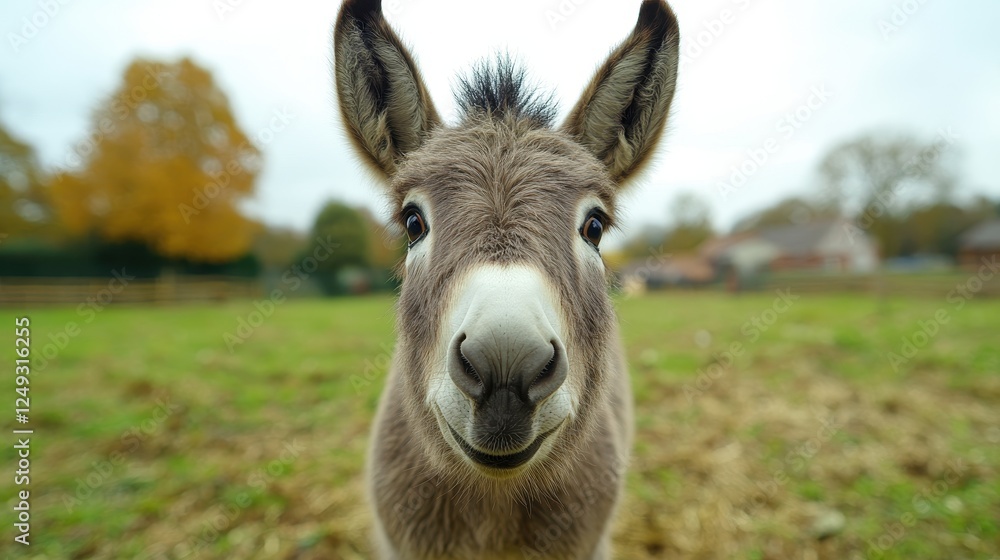 Cute donkey foal smiles, rural pasture, autumn. Farm animal portrait for greeting cards Cute donkey foal smiles, rural pasture, autumn. Farm animal portrait for greeting cards