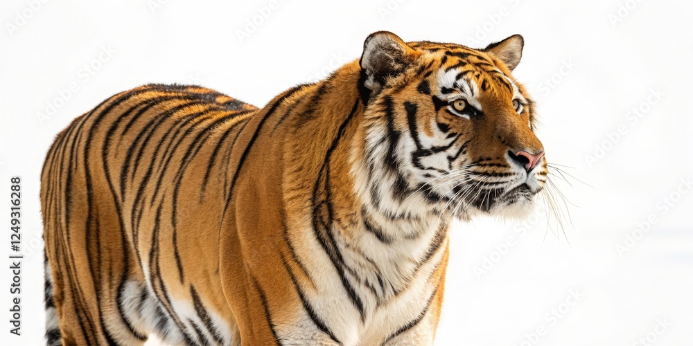 Obraz premium Majestic Siberian Tiger Profile, White Background, Wildlife Photography, Animal Portrait Siberian tiger, wildlife photography