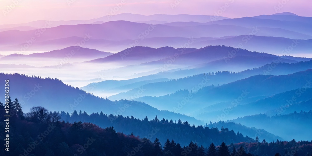 Obraz premium Misty Mountain Layers Blue and Purple Hues, Landscape Photography, Serene Nature, Mountains, Landscape
