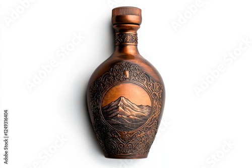 Armenian brandy bottle with Mount Ararat emblem, aged copper color, isolated on white, luxury spirits photo