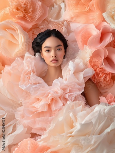 A young woman poses gracefully in a delicate pink dress, immersed in soft pastel roses at a photography studio