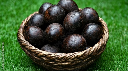 Wallpaper Mural Black Spheres in Wicker Basket on Green Grass Textured Background Closeup Still Life Photo. Torontodigital.ca