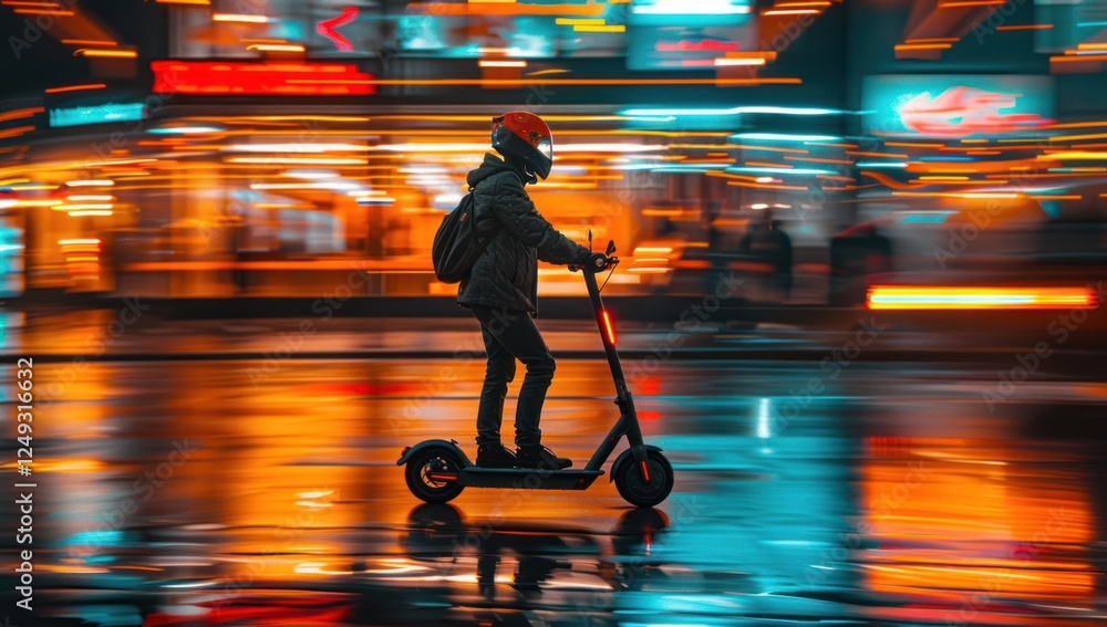 Fototapeta premium A Night Rider on a Scooter in the Neon Glow of City Lights
