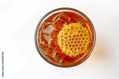 Ethiopian tej in traditional berele glass with honey comb garnish, isolated on white background, cultural beverage representation photo