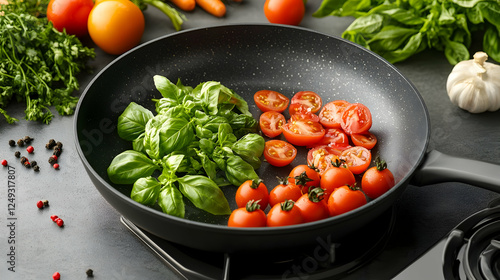 Fresh basil and cherry tomatoes cooking in a pan, kitchen setting, healthy meal preparation photo