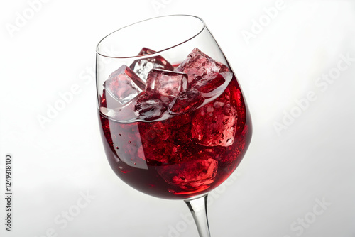 A wine glass filled with red liquid and ice cubes against a clean white background.