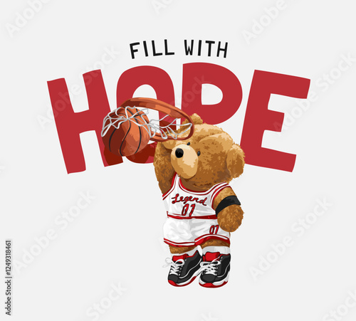 hope slogan with bear doll basketball athletic and basketball hoop vector illustration