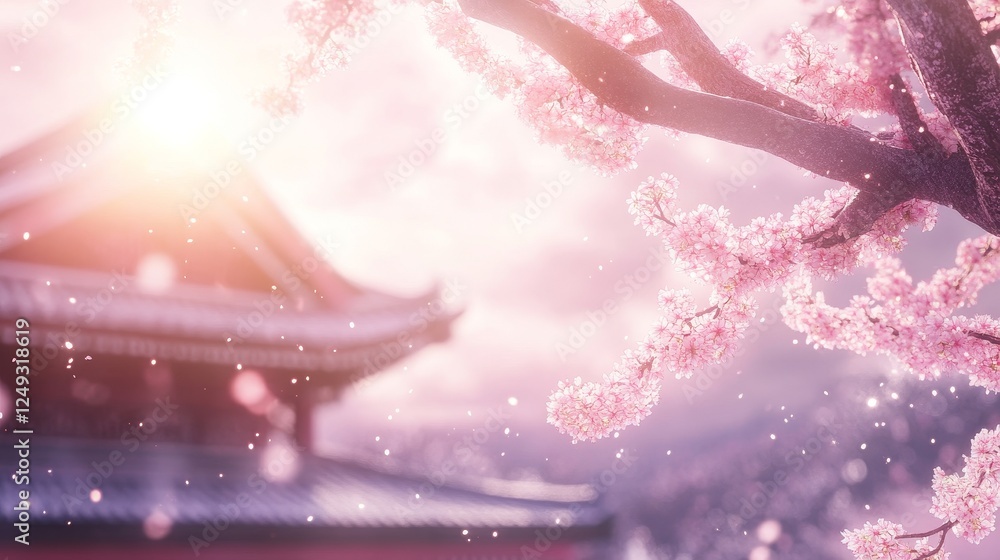 Blossoming Cherry Tree With Temple And Sunlight In Soft Pink Light Gentle Petal Flurry. Blossoming Cherry Tree With Temple And Sunlight In Soft Pink Light Gentle Petal Flurry.