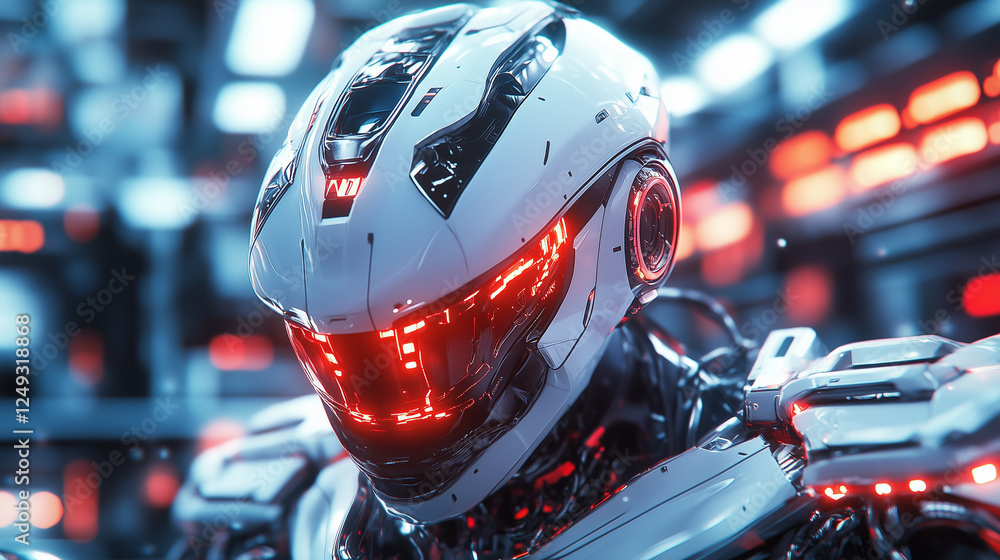 Fototapeta premium Futuristic cybernetic warrior with glowing red visor in a high-tech sci-fi environment