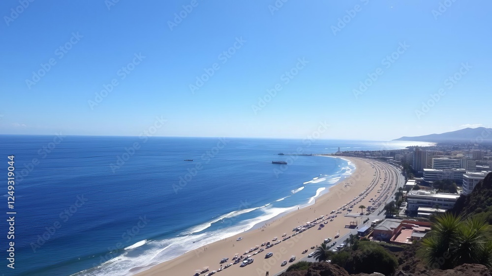Scenic view of Amadores Beach near Puerto Rico de Gran Canaria with crystal clear water and golden sand, seaside, Mediterranean, panoramic Scenic view of Amadores Beach near Puerto Rico de Gran Canaria with crystal clear water and golden sand, seaside, Mediterranean, panoramic