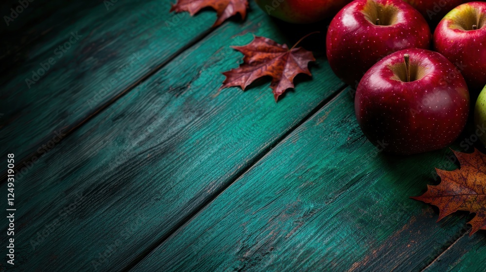 Fresh red and green apples surrounded by autumn leaves on a rustic wooden table backdrop Fresh red and green apples surrounded by autumn leaves on a rustic wooden table backdrop
