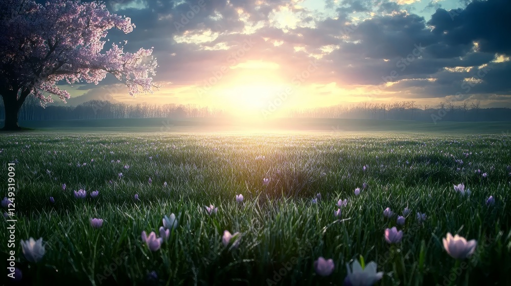 Naklejka premium Blossoming Meadow at Dawn with Radiant Sunlight and a Solitary Tree in Springtime.