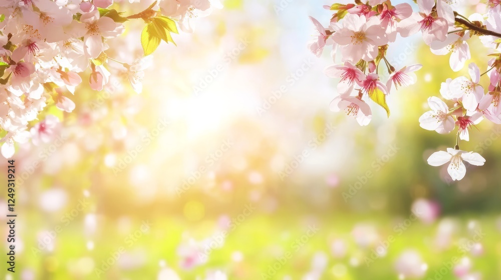 Fototapeta premium Blossoming Springtime Flowers in a Sunny Garden with Soft Light and Falling Petals.