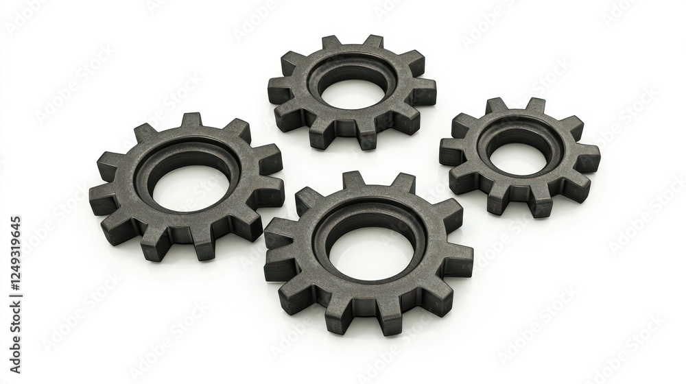 Four black rubber gears arranged on a white background, showcasing industrial design elements Four black rubber gears arranged on a white background, showcasing industrial design elements