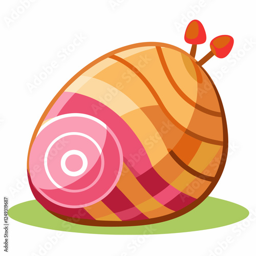 Colorful cartoon snail with swirled shell on green grass