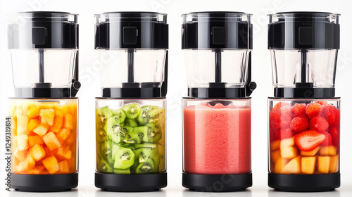 Fresh fruit smoothie ingredients in modern blenders, vibrant and healthy preparation