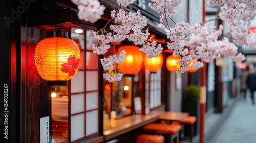 Warm glow from lanterns highlights cherry blossoms along a traditional street bustling with evening visitors