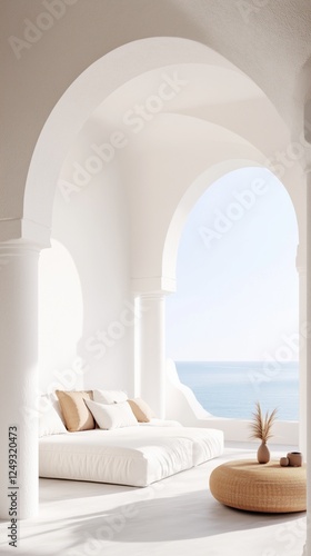 Bright, airy lounge area features a comfortable sofa and stunning ocean views through large arches