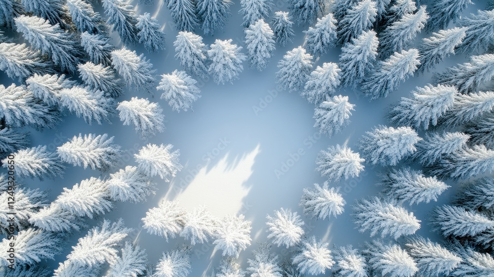 Aerial Winter Forest Snow Covered Pines in Circular Pattern Aerial Winter Forest Snow Covered Pines in Circular Pattern